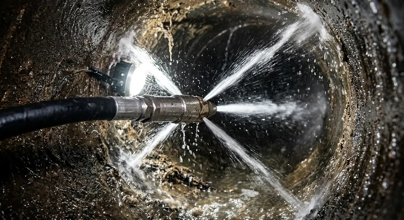 High-pressure hydro jetting nozzle cleaning sewer pipe for Emergency Drain Service in Lynchburg, Moore County