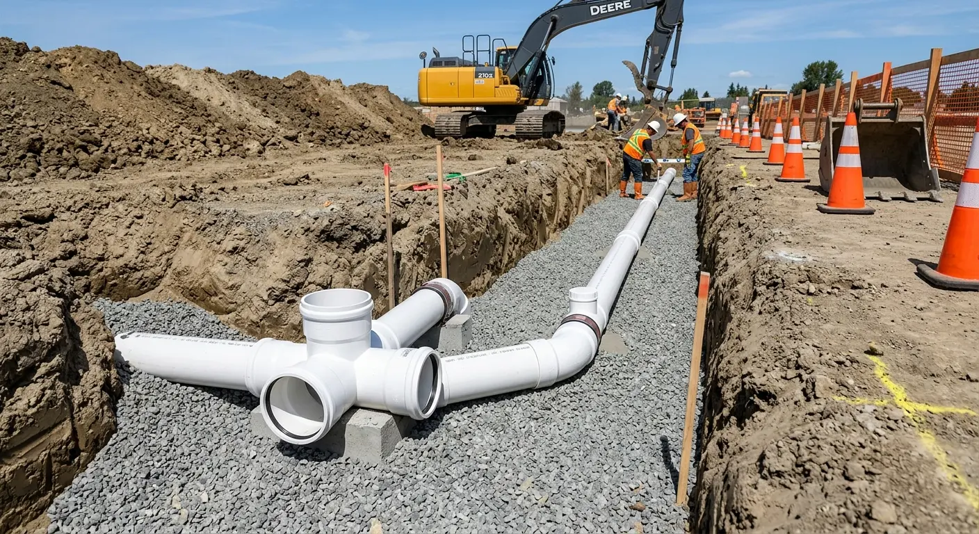 New PVC sewer pipe installation in open trench for Grease Trap Cleaning in Lynchburg, Moore County