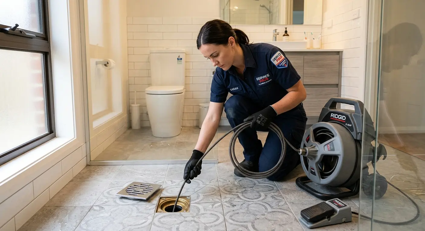 Technician clearing a bathroom floor drain for Hydro Jetting in Lynchburg, Moore County